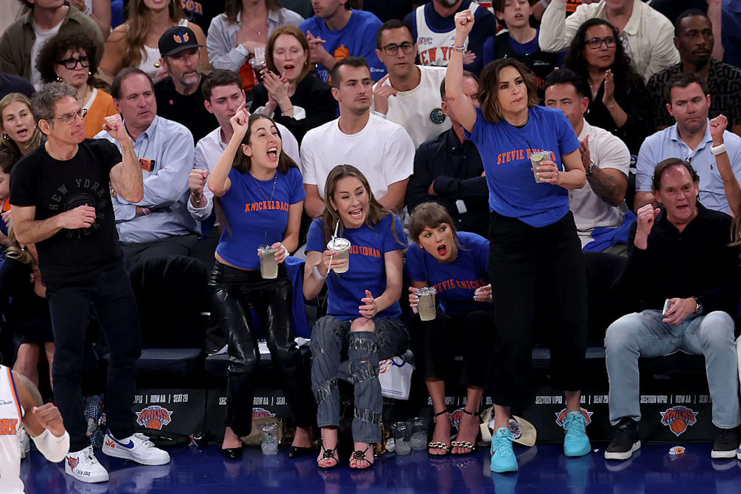 Alana Haim, Este Haim, Taylor Swift, and Mariska Hargitay attend Game Four of the 2026 NBA Finals. Credit: Al Bello / Getty