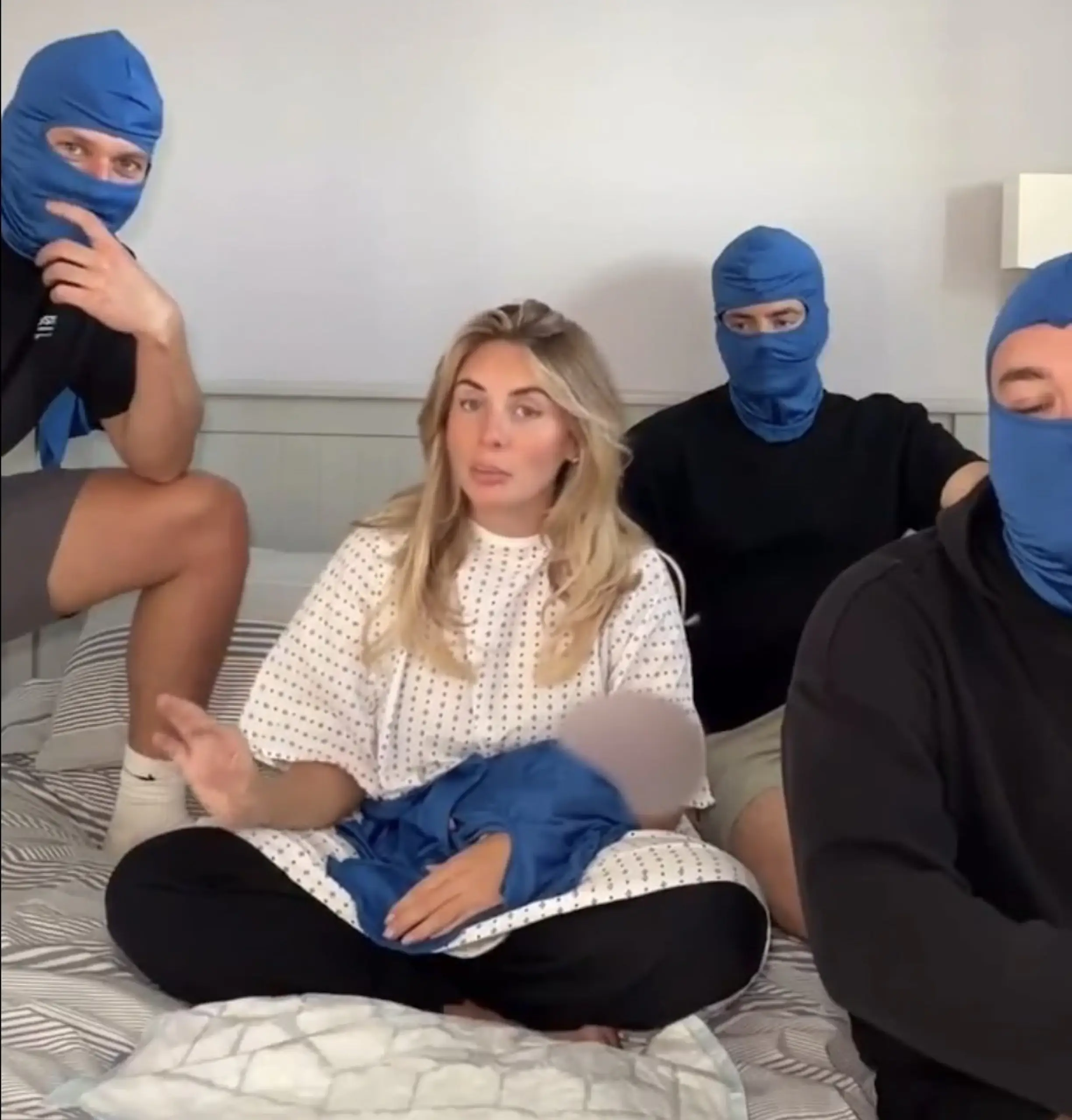 Bonnie Blue boasts about 'six week rule' as she returns to shoot with three masked men alongside her newborn baby