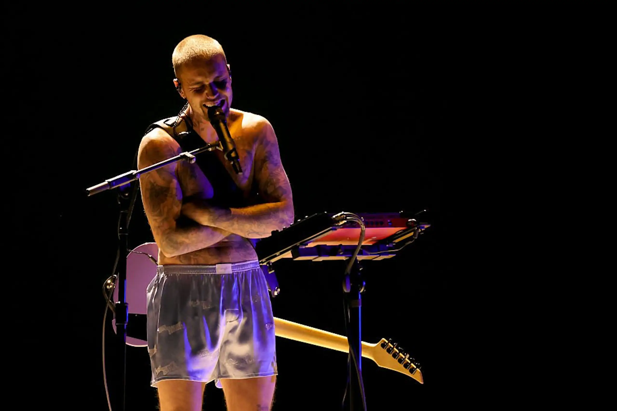 Justin Bieber performing in his boxers at the Grammy Awards. Credit: Kevin Winter/Getty Images for The Recording Academy
