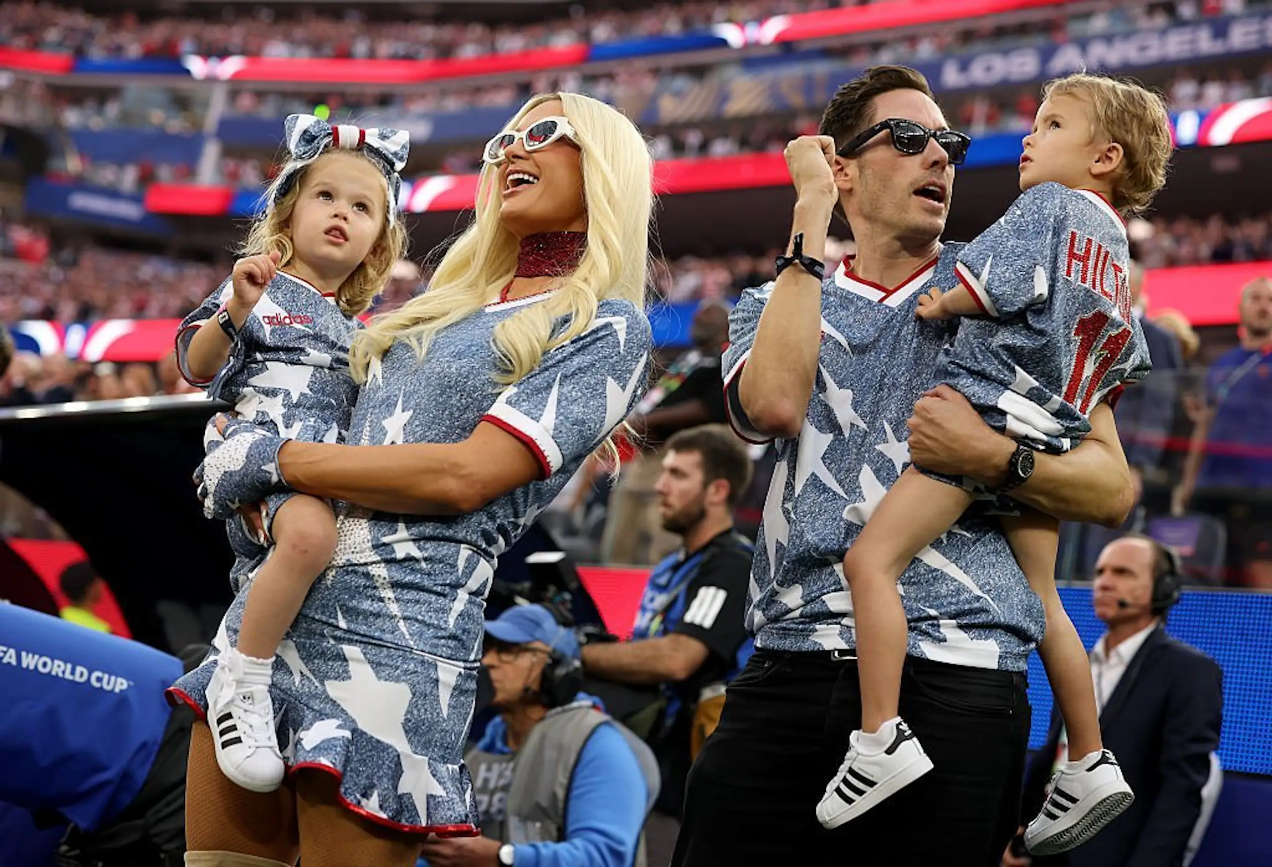 Paris Hilton, her husband, Carter Reum, and their children, Phoenix Hilton-Reum and London Hilton-Reum, at the FIFA World Cup 2026. Credit: Jared C. Tilton - FIFA/FIFA via Getty 