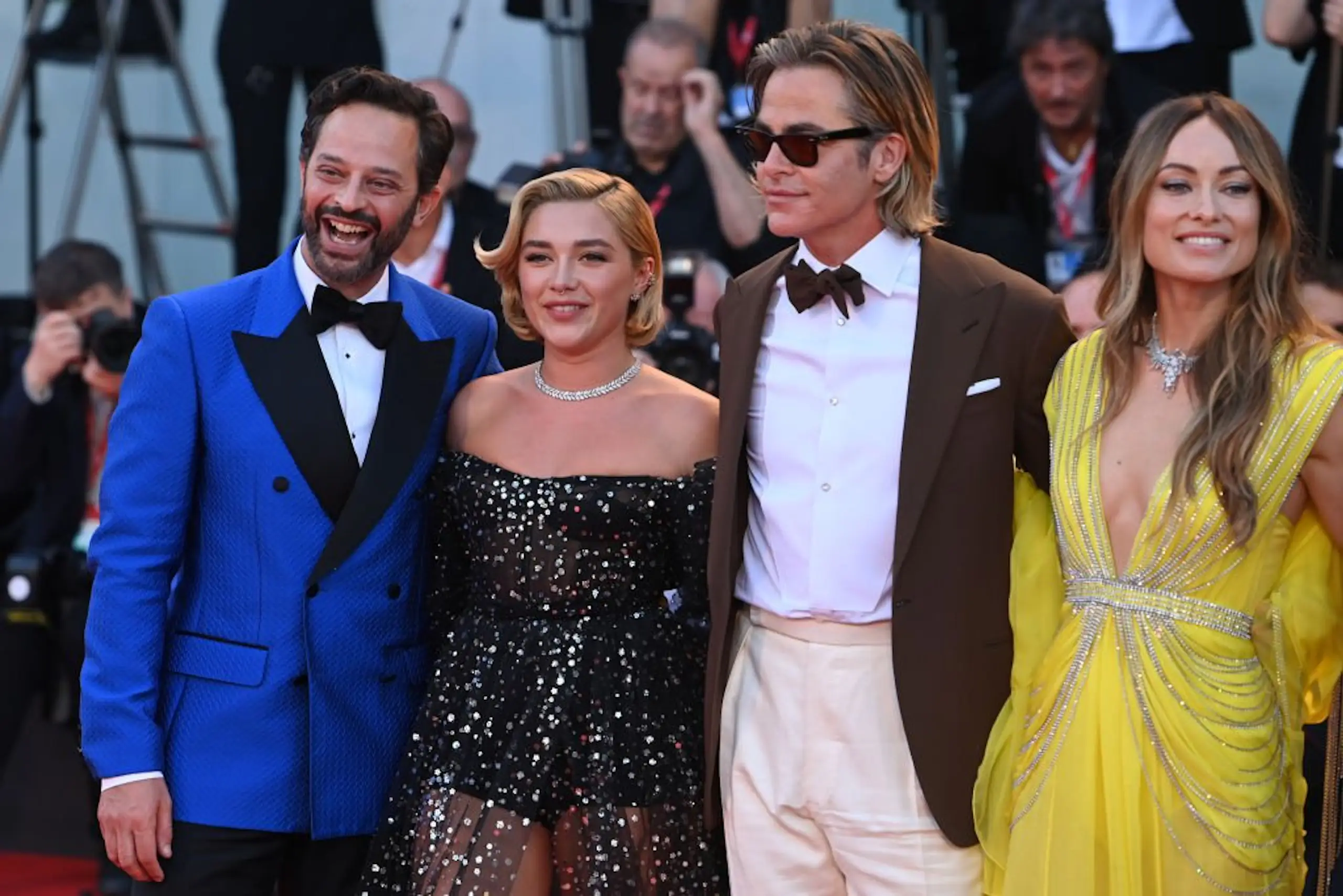 Nick Kroll, Florence Pugh, Chris Pine and Olivia Wilde attend the Don't Worry Darling red carpet at the 79th Venice International Film Festival in 2022 in Venice, Italy. Credit: Kate Green / Getty