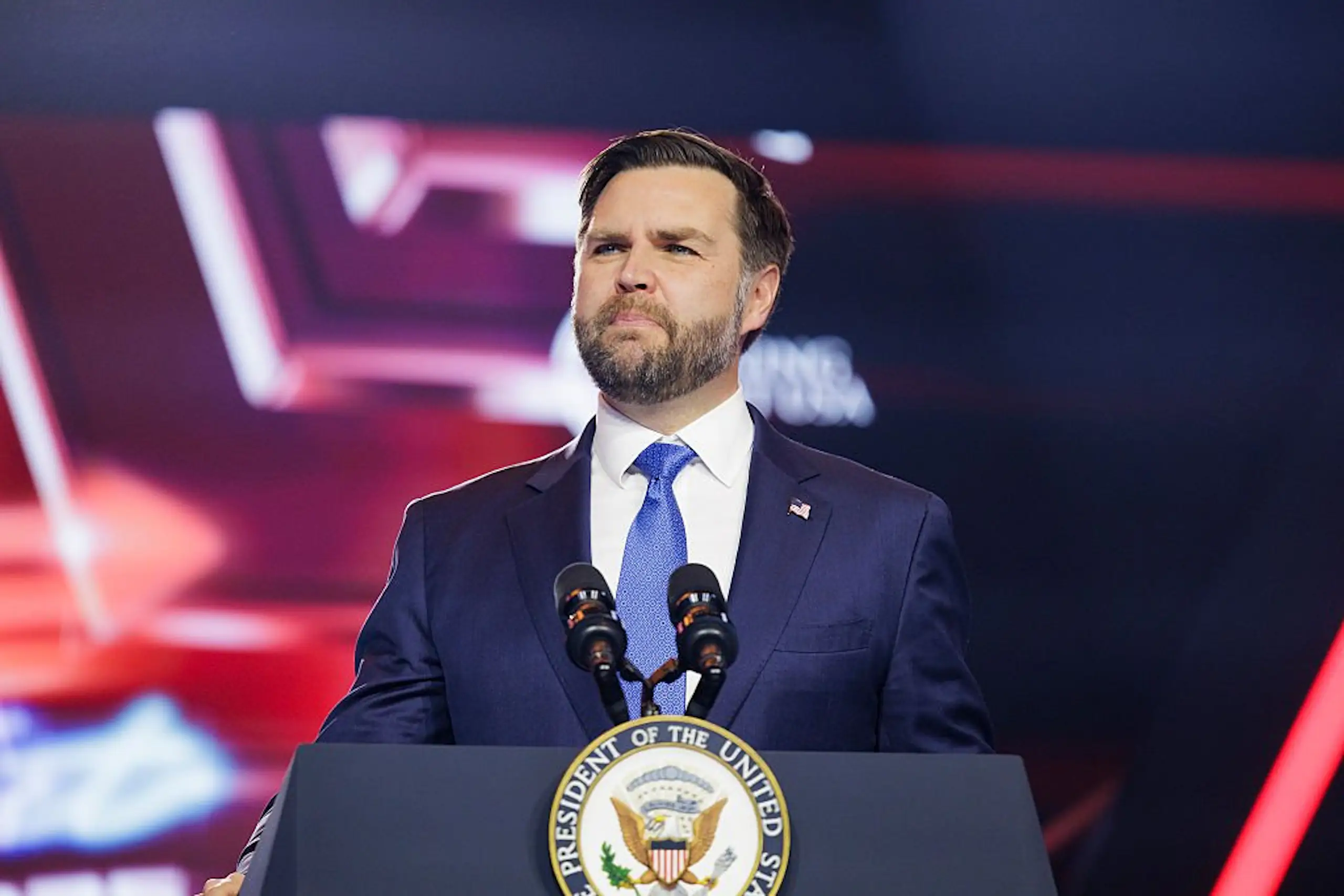 JD Vance joked about Leavitt's absence from the White House. Credit: Jamie McCarthy / Getty