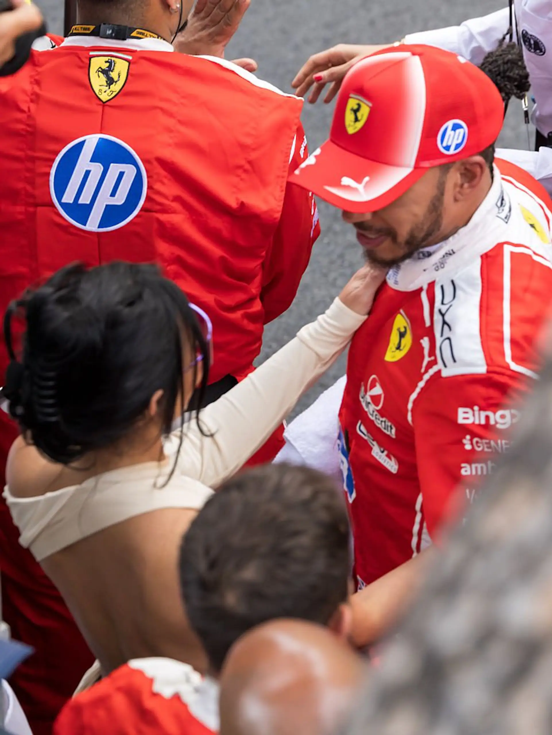 Kim greets Lewis at the competition. Credit: Arnold Jerocki / FilmMagic / Getty Images 