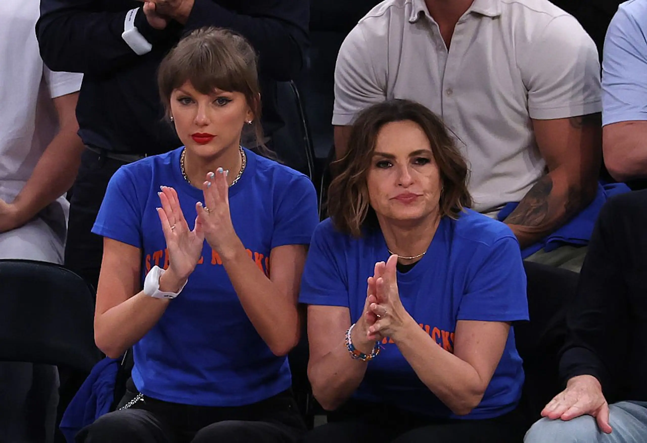 Taylor Swift and Mariska Hargitay at Game Four of the 2026 NBA Finals between the San Antonio Spurs and the New York Knicks. Credit: Al Bello / Getty 