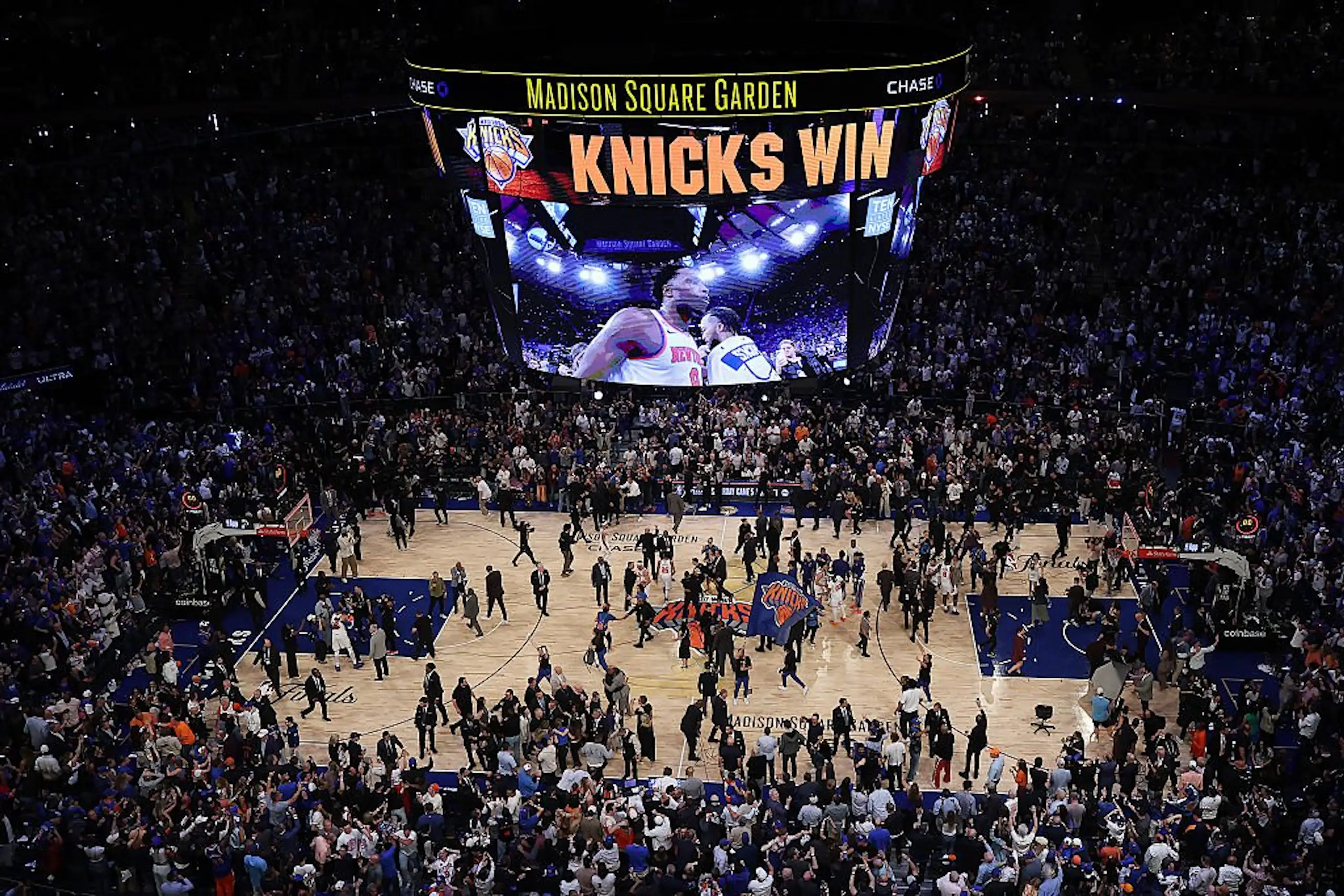 New York Knicks celebrate their 107-106 victory against the San Antonio Spurs in Game Four of the 2026 NBA Finals on June 10. Credit: Dustin Satloff / Getty