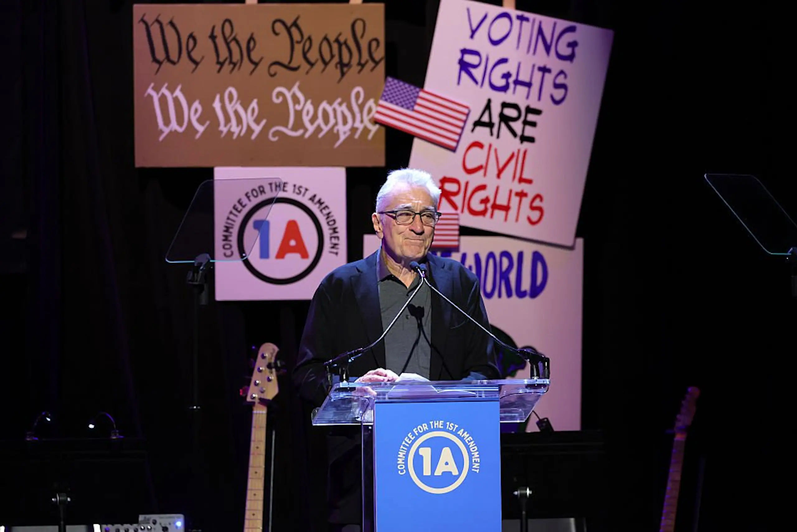 De Niro speaks at Rise Up, Sing Out: A Concert for the First Amendment . Credit: Dimitrios Kambouris/Getty Images