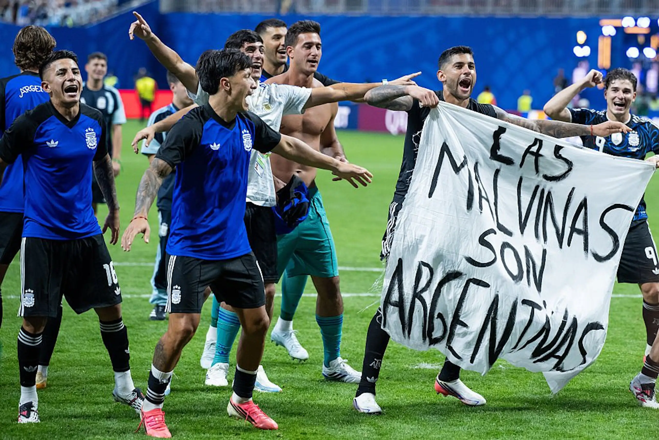 Argentina could be fined by FIFA after brandishing a controversial banner after their World Cup semi-final victory over England. Credit: Sebastian Frej/Getty Images