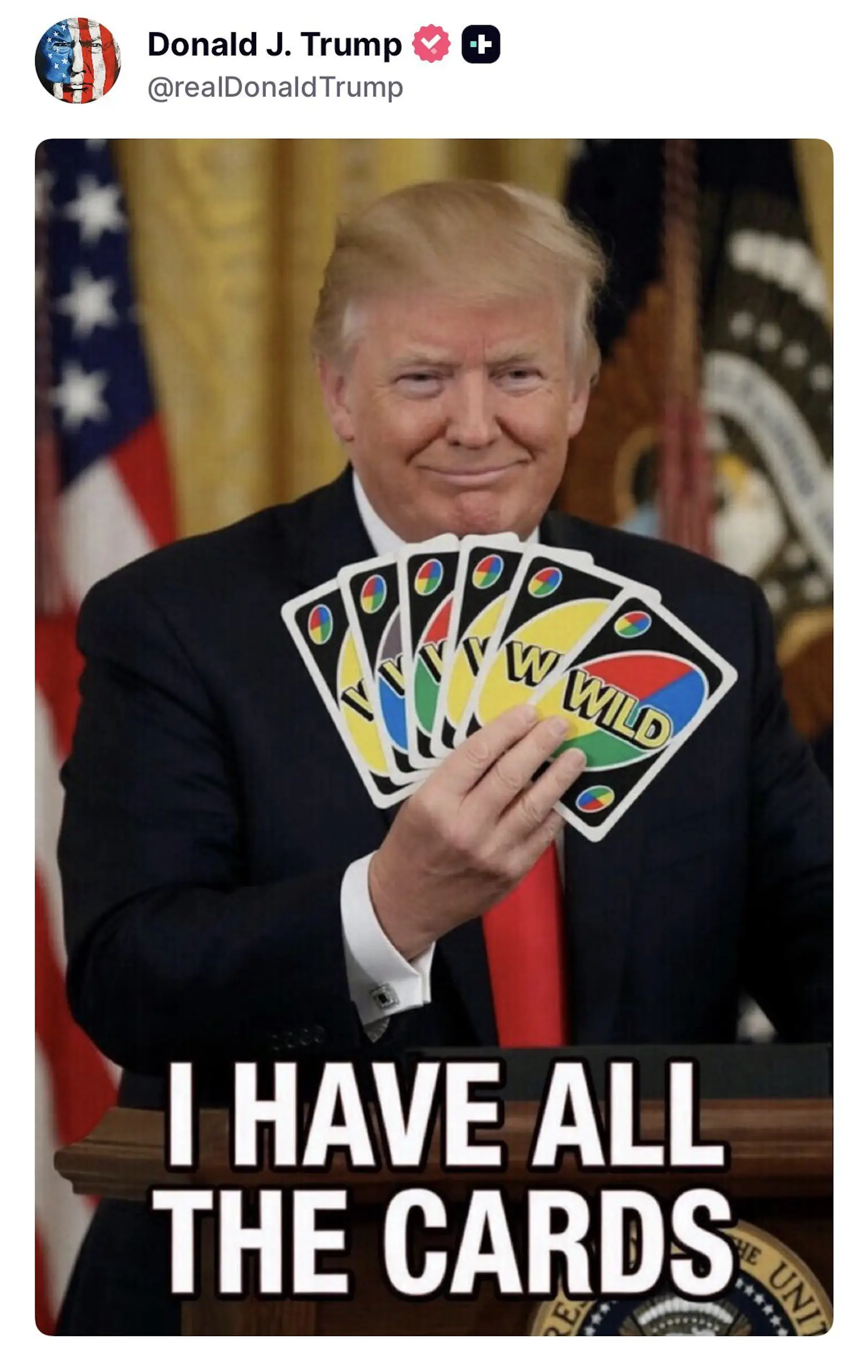 Donald Trump's 'I have all the cards' boast didn't quite land. Credit: Truth Social