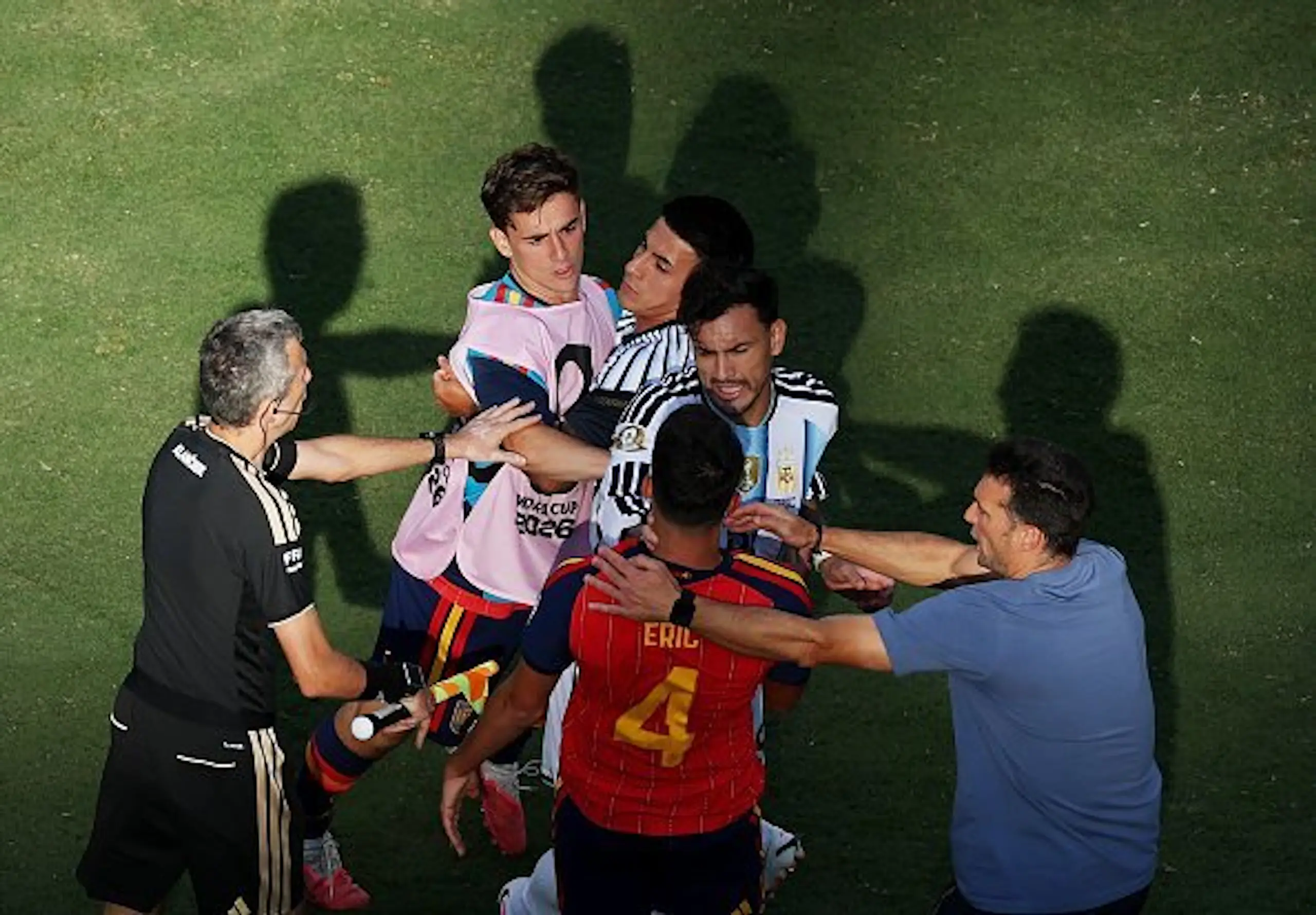 The World Cup Final ended in mass brawl, as Leandro Paredes pushed Eric Garcia. Credit: Al Bello/Getty Images